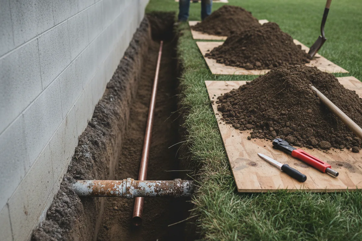 Excavated water line trench during Water Softener Installation in Bosque Farms